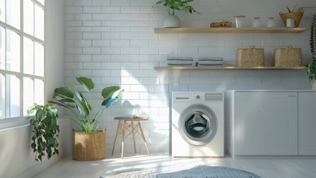 Modern laundry room interior, front-loading washing machine, organized shelves with essentials in background.
