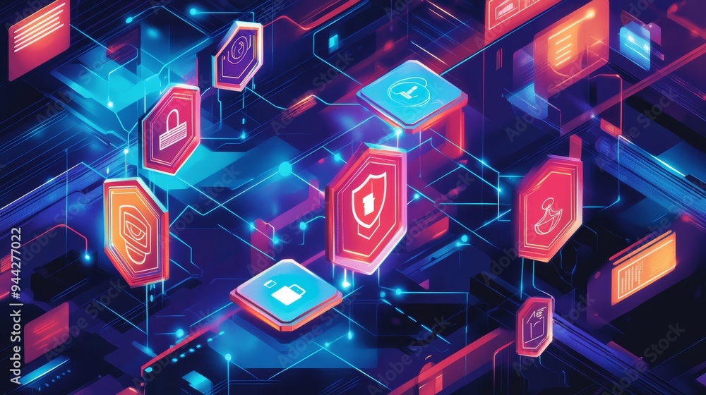 Aufkleber Digital icons of locks and shields on network grid representing cyber security and secure access.