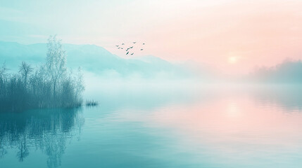 Serene Morning Mist Over Tranquil Lake with Pastel Skies and Birds in Flight