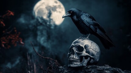 Fototapeta premium 3D Cartoon Crow on Skull in Moonlit Night Scene