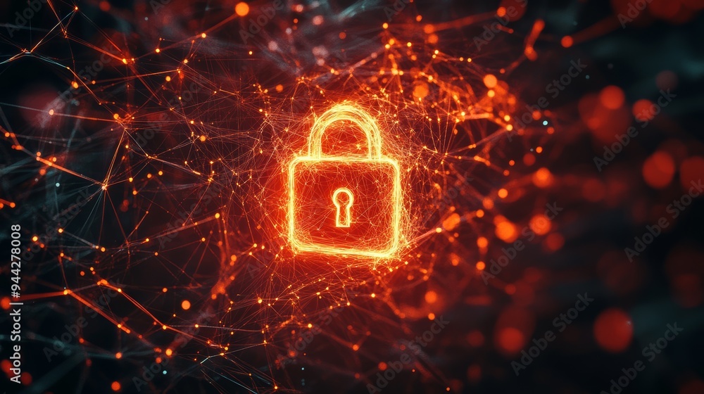 Aufkleber Glowing digital lock icon made of fiery orange particles, representing cybersecurity and secure data networks.