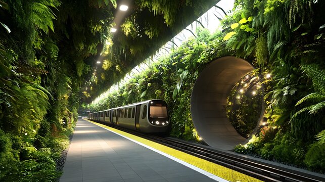 Green metro station with lush vertical garden walls and natural light