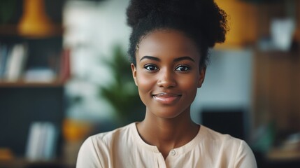 young friendly smiling afro american social worker looking into the camera at work, 16:9