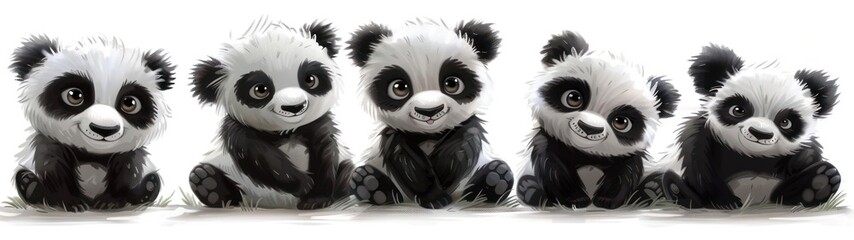 Obraz premium Cartoon pandas with various emotions and poses on a white background. Cheerful and fun bear characters perfect for playful designs and children's books.