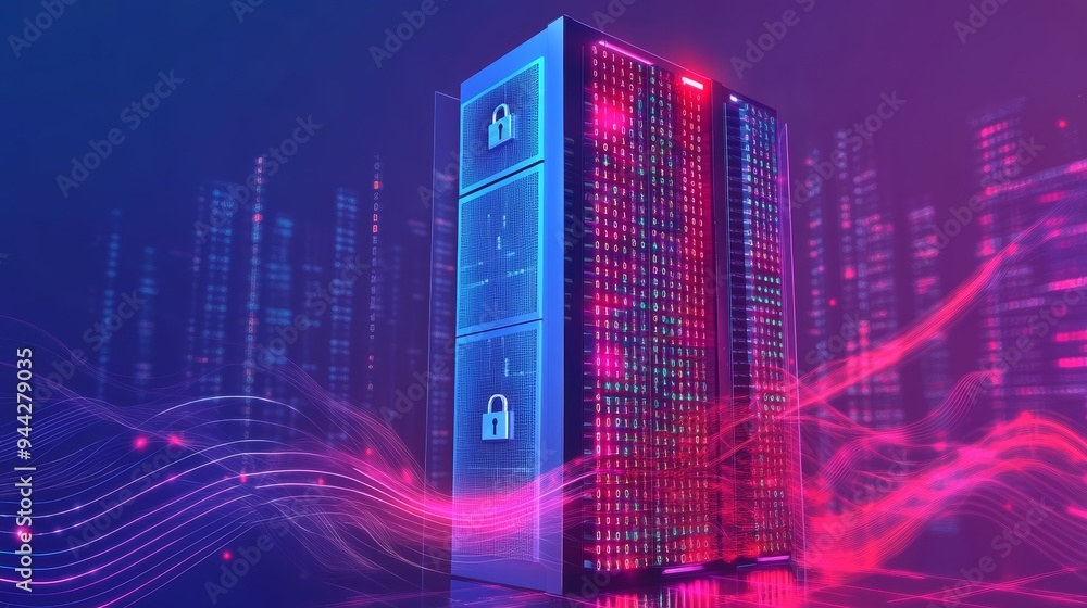 Poster Secured data server with glowing lock icons representing cyber security and data protection.