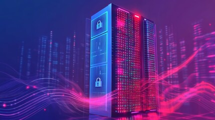 Secured data server with glowing lock icons representing cyber security and data protection.