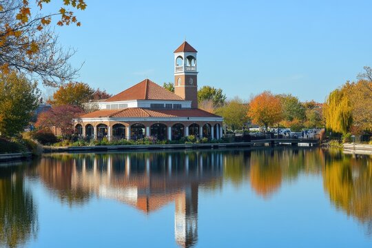 Cook County Illinois: Pavilion by the Lake in Northbrook Village, a Charming Townscape with Scenic Skyline