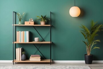 Green Wall with Bookshelf, Plant, and Pendant Light