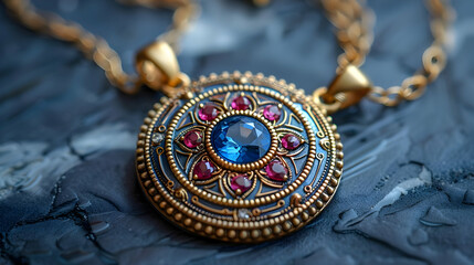 Closeup of an Ornate Gold Pendant with Blue and Red Gemstones