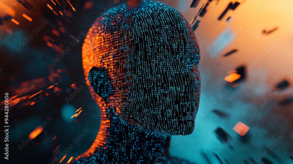 Poster Digital human figure made of data illustrating cybersecurity and information encryption.