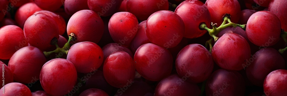 Poster A vibrant and textured close-up image of red grapes, showcasing their plumpness, juiciness, and natural beauty. This photo symbolizes abundance, freshness, and the sweet taste of summer.