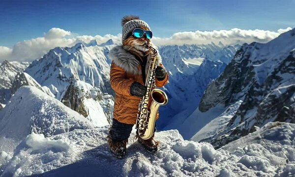 A cat wearing a hat and goggles is playing a saxophone on a snowy mountain