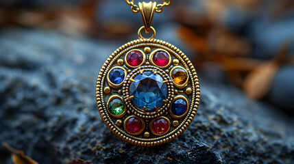 Round Gemstone Pendant Necklace with Colorful Stones - Photo