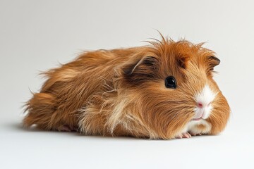 Fototapeta premium Long Hair Guinea Pig. Peruvian Rodent Pet in Studio with Brown and White Background