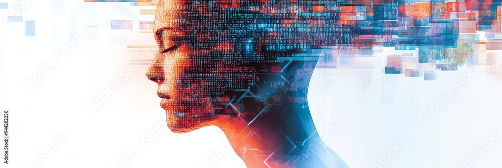 Poster Human head made of binary code representing cyber security and digital identity protection.