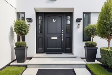 Black Front Door with Sidelights and Planters
