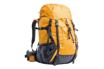 Stylish yellow hiking backpack designed for outdoor adventures, featuring multiple compartments for optimal organization isolate on transparency background