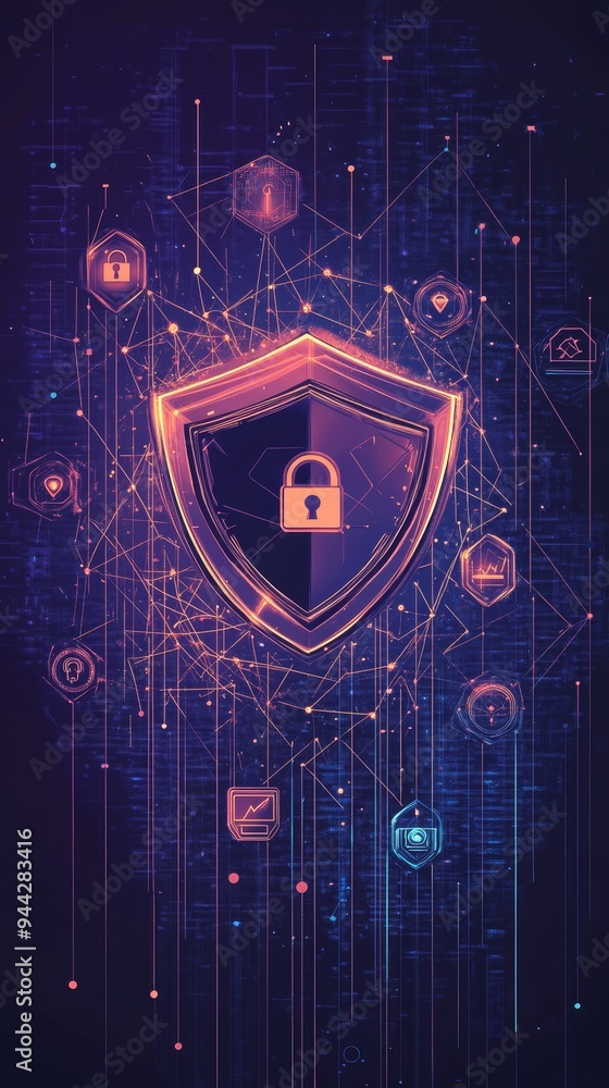 Poster Digital shield with lock icons and network connections symbolizing cyber security and data protection.