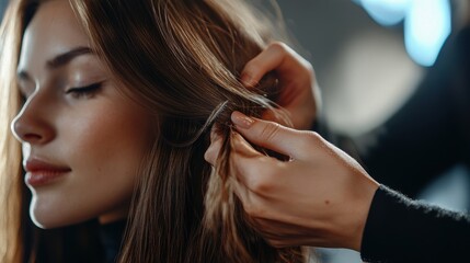 Fototapeta premium Close-up of hands braiding a woman's hair in a salon