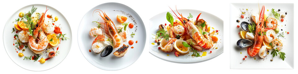 set of a gourmet seafood dish with elegant presentation and garnishes, Elegant Gourmet Seafood Dish Artfully Presented and Garnished, on a transparent backgrounds