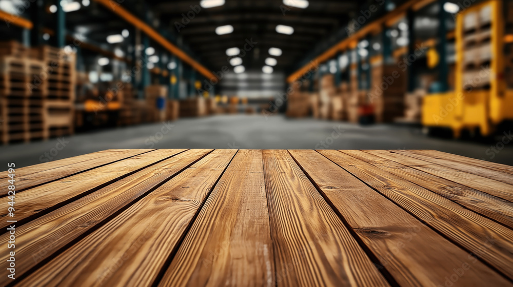 Canvas Prints Empty wooden table with a blurred background of a large warehouse. The space is filled with shelves, boxes, and industrial equipment.