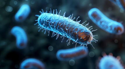 Close-up of a blue and cyan bacterium with fine hair-like structures, surrounded by other microorganisms in a blurred background