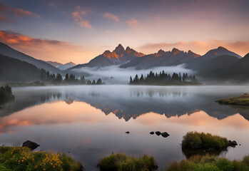 Fototapeta premium Mountain lake in the morning. Sunrise over the lake. Beautiful landscape.