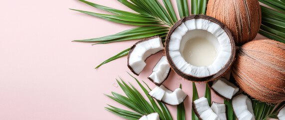 Creative 3d composition of pieces of ripe coconut, shavings and fresh palm leaves, drops of juice on colored background with copy space, banner template