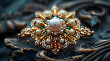 Fototapeta premium Ornate Gold Brooch with Pearls and Blue Gemstones - Close-up Photography