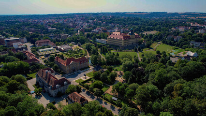 An aerial panorama view of the old town around the city Zeitz in Germany on a summer day.