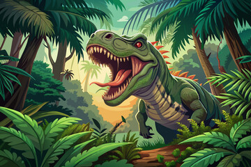 This image depicts a hyper-realistic Tyrannosaurus Rex roaring menacingly amidst a lush and dense prehistoric jungle environment with towering trees and ferns.
