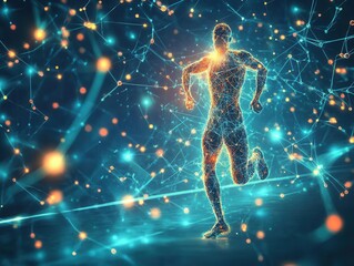 Obraz premium A dynamic representation of a runner amidst a digital network of glowing connections, symbolizing speed and technology.