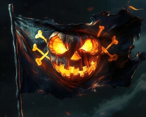 Naklejka premium Pirate flag with a skull and crossbones made of pumpkins, fluttering in a ghostly wind, Halloween pirate banner