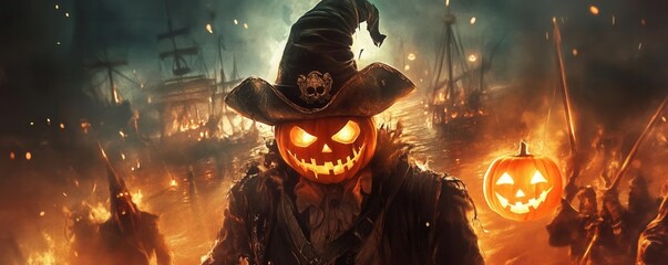 A spooky pirate scene with a pumpkin-headed figure and glowing jack-o'-lanterns amidst a fiery backdrop, perfect for Halloween themes.