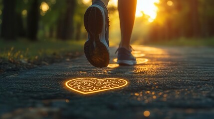 Runner s feet on a glowing path, with heart and brain symbols etched into the ground, jogging for complete wellness