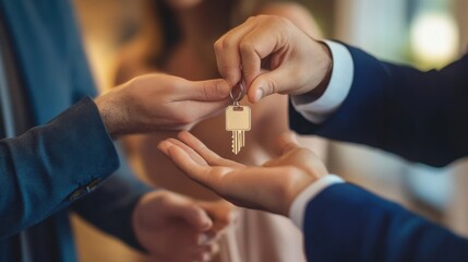 Close-up of hands exchanging house keys in a real estate transaction