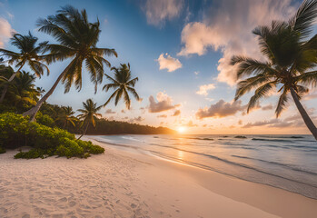 Beautiful tropical beach and sea with coconut palm tree at sunset time - Holiday Vacation concept