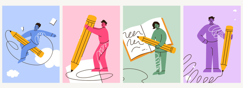 People with a huge pencil vector card illustration. Young diverse