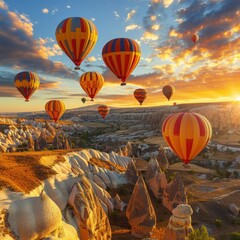 Naklejka premium Hot air balloons ascend over Cappadocia\'s unique landscape at sunrise, illuminating the valley