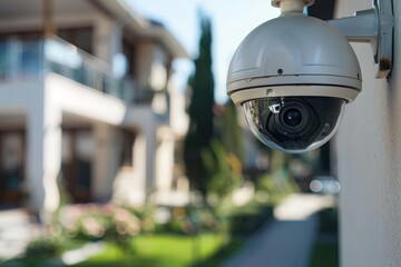 Close-up view of a modern home security camera monitoring vigilantly, showing details of advanced technology and vigilance around the area