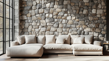 Fototapeta premium copy space, stockphoto, Corner sofa against window in room with stone cladding walls. Farmhouse style interior design of modern living room. Beautiful minimalistic living room. Beautiful couch