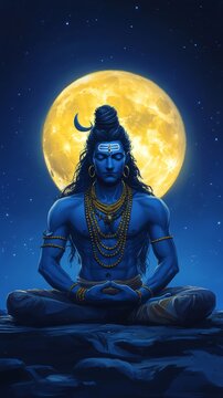 Lord Shiva Meditating Under Shining Moon
