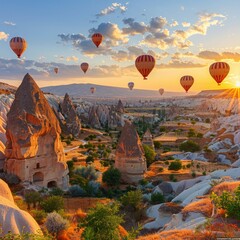 Hot air balloons soaring over Cappadocia’s stunning landscape at sunrise in Turkey