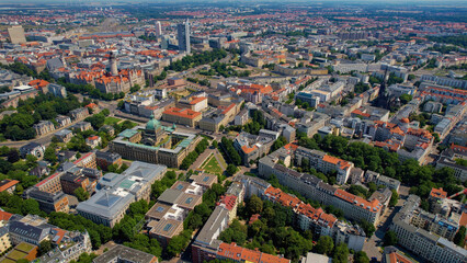 An aerial panorama view of the old town around the city Leipzig in Germany on a summer day.