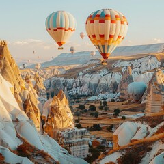 Obraz premium Colorful hot air balloons float above the unique rock formations of Cappadocia at sunrise