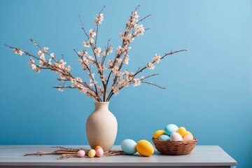 Spring Blossom Arrangement with Easter Eggs in a Basket on a Table