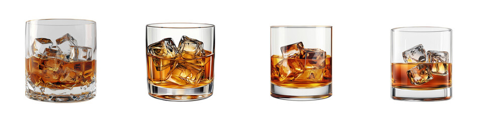 set of an elegant glass of whiskey with ice cubes, Elegant Whiskey Served with Ice Cubes, Classic Glass of Whiskey with Ice, Chic Whiskey on the Rocks in a Glass, on a transparent backgrounds