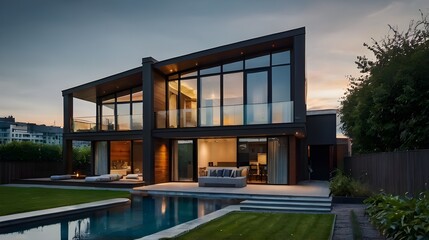 house in the evening with pool