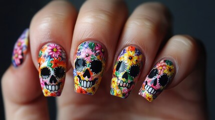 Close-up of Dia de los Muertos-themed nail art with floral skull designs