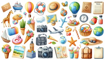 Various travel icons, watercolors, white background